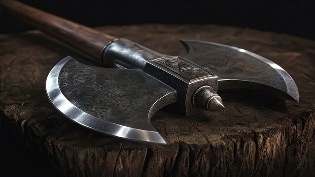 A heavy double-bladed axe resting on a wooden chopping block.