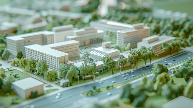 A detailed model of an urban development featuring modern office buildings surrounded by greenery  