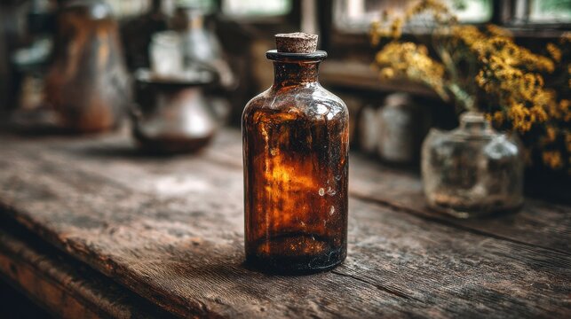 Vintage brown glass apothecary bottle with cork stopper on a rustic wooden table in a traditional pharmacy setting