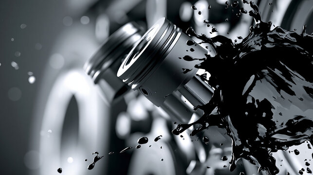 High contrast black and white illustration of an internal combustion engine with dynamic oil splash effect, dramatic graphic design, automotive and mechanical themed artwork,