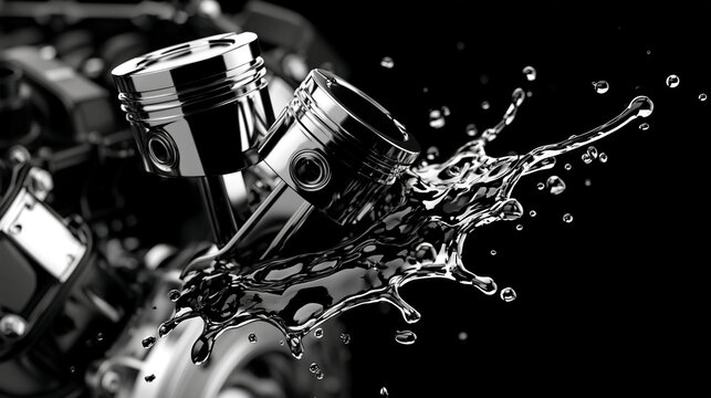 High contrast black and white illustration of an internal combustion engine with dynamic oil splash effect, dramatic graphic design, automotive and mechanical themed artwork,