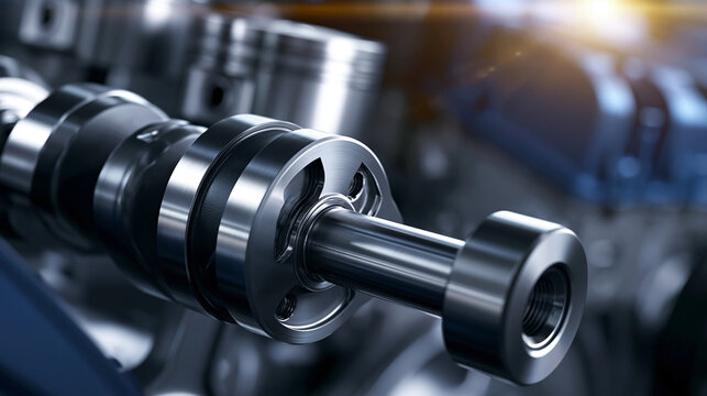 Close-up of a high-performance modern engine crankshaft and piston assembly with visible connecting rods, precision-machined metal surfaces, defocused engine block in background,