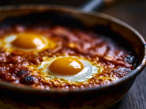 A vibrant macro food photography shot capturing the rich textures of poached eggs in a spicy tomato shakshuka sauce, served in a rustic cast iron skillet.