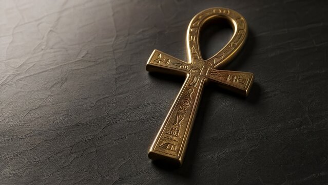 Ancient Egyptian Ankh symbol made of polished brass on a dark slate surface.