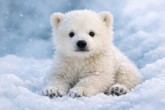 This is a close-up photo of an adorable baby polar bear cub sitting down in the snow with its paws covered in snow. The cub looks up at the camera, seemingly curious and innocent.