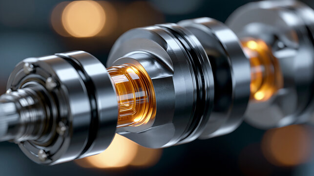 Photorealistic 3D rendering of a modern internal combustion engine crankshaft assembly with lubrication system, oil channels highlighted in warm amber, precision machined metal