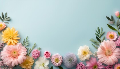Obraz premium Floral Flat Lay Bottom Border With Copy Space Pastel Greeting Card Background