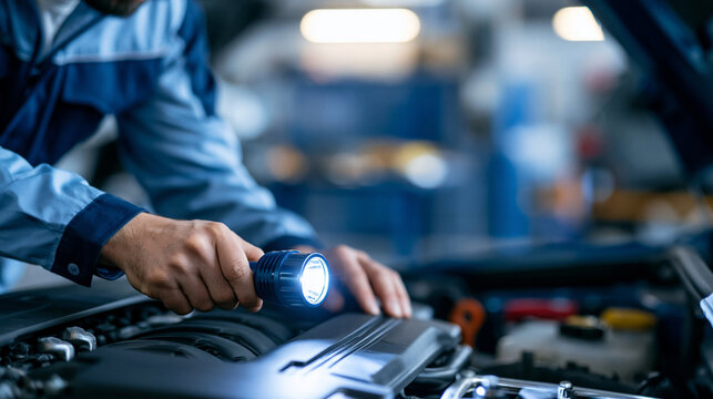Faceless male mechanic using a flashlight to inspect a car's internal combustion engine in a professional automotive garage, defocused workshop tools and equipment in background,