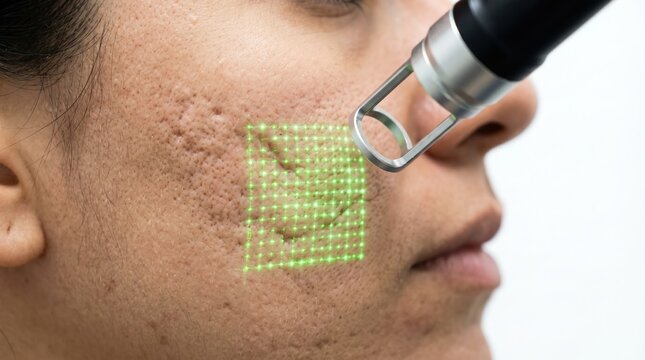 Close up of fractionated CO2 laser treatment with green grid light repairing acne scars on female cheek