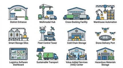 Naklejka premium Modern Logistics and Supply Chain Facility Icons