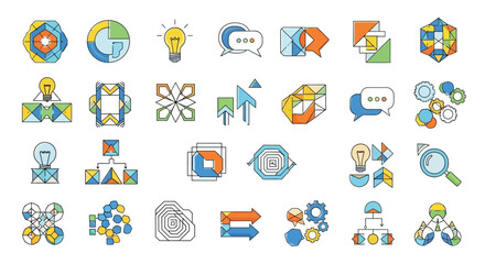 Obraz premium Various business and technology icons are shown in a colorful illustration.