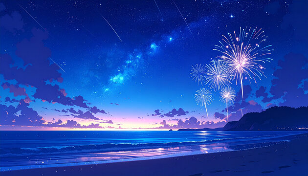 Anime Style Summer Night Beach with Fireworks and Starry Sky &mdash; Digital Illustration Background