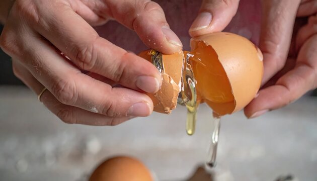 Close-up of Hands Cracking a Fresh Egg for Cooking.