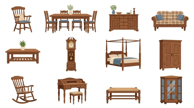 Collection of antique wooden furniture pieces isolated on white background.