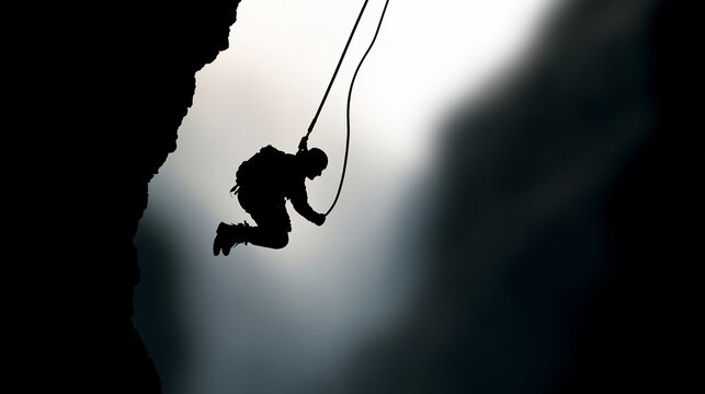 Silhouette of a bungee jumper suspended mid-cord above a deep rocky gorge, dramatic contrast between dark figure and bright sky, defocused canyon walls below, extreme sports art