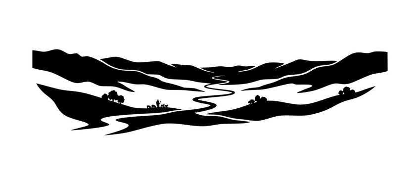 Minimalist black and white mountain landscape silhouette with shepherd and sheep