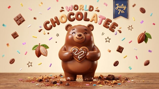 character for world chocolate day celebration with creative Chocolate teddy bear.
