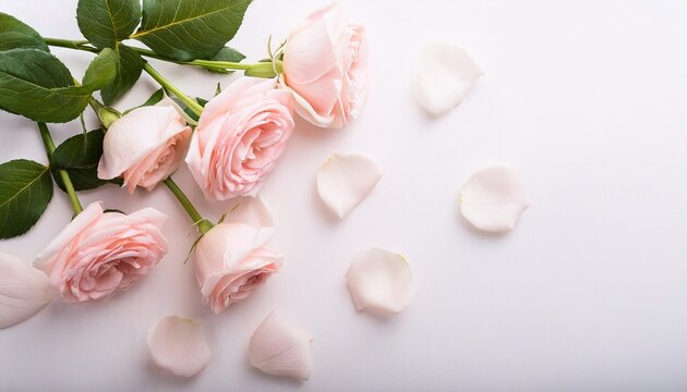 blush roses on white background feminine flat lay