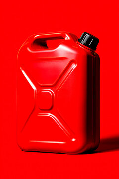 Red fuel container. Plastic gas can with monochrome background. Bold utilitarian composition for product design  