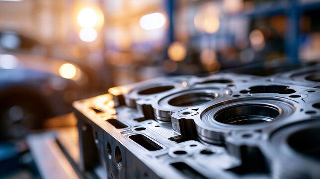 Close-up view of a disassembled internal combustion engine block with exposed cylinders on a workshop bench, raw metal surfaces showing machining marks, defocused garage interior