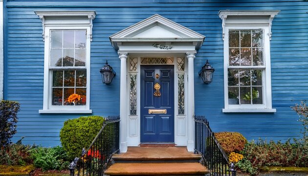 front door of an old blue victorian house