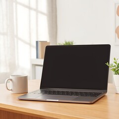Fototapeta premium Laptop on Wooden Desk with Coffee Mug.