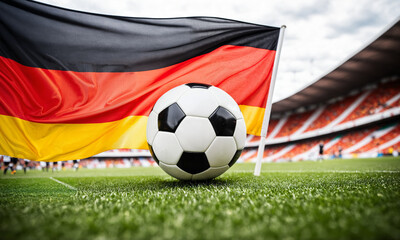 Fototapeta premium soccer ball on green grass with flag of Germany