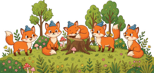 Cute Little Foxes Wearing Knitted Winter Hats in Forest Glade Vector Illustration for Kids Nursery Wallpaper Backgrounds and Children Books © Rownok
