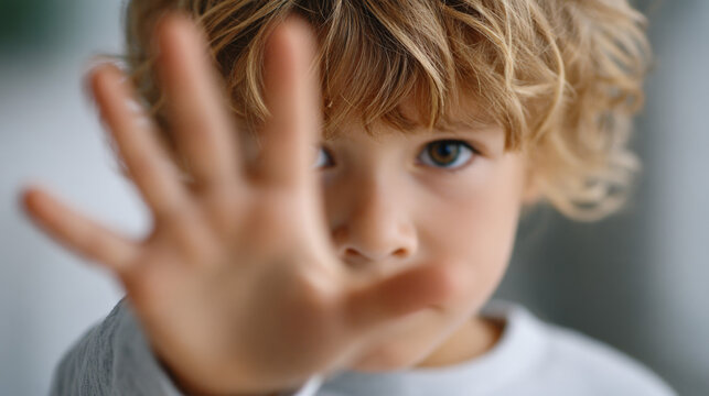 Child raising hand toward camera close up indoor portrait
