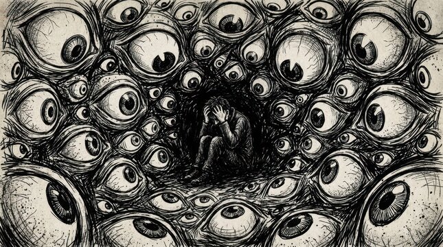 Anxiety and social phobia illustration with many eyes watching a person.
