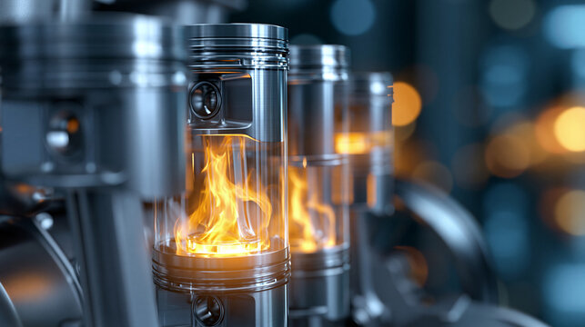 Cutaway illustration of a four-cylinder internal combustion engine with visible pistons valves and combustion flame effect inside cylinders, technical cross-section art, engine
