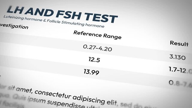 Luteinizing and follicle stimulating hormone test results with reference range for medical analysis, 4k animation