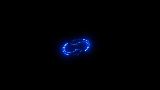 Neon glowing circle arrow video motion animation. Neon glowing two arrow spin icon video animation. Circle arrows icon animation. Round reload sign, repeat icon, rotate arrow symbol animation.