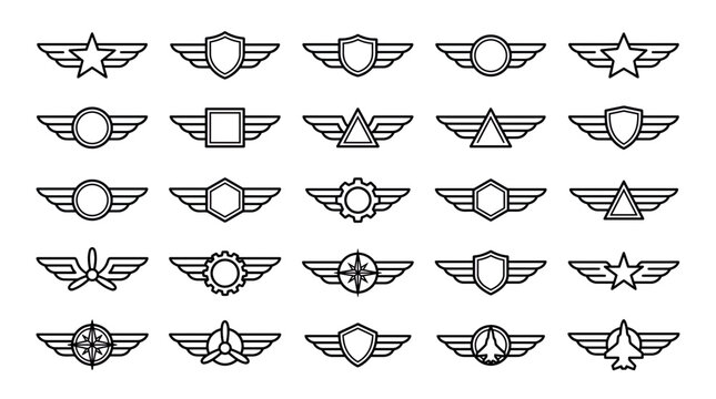 Minimalist black line aviation wing badge icons with star, shield, gear and propeller shapes on white background, concept for pilot emblem design, military insignia and air force branding