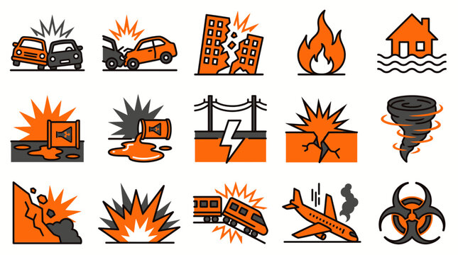 Disaster and accident icon set featuring car crash, fire, flood, tornado, earthquake and biohazard symbols, concept for safety education, insurance infographics and emergency response plans