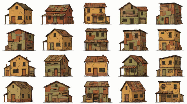 Collection of dilapidated old shanty houses and rustic shack illustrations isolated on white background, concept for urban development, architectural sketches and slum housing visualization