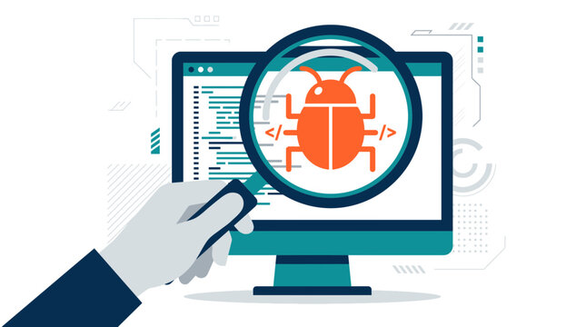 Hand holding magnifying glass inspecting orange bug icon on computer monitor with programming script, concept for software debugging, malware detection and cybersecurity analysis