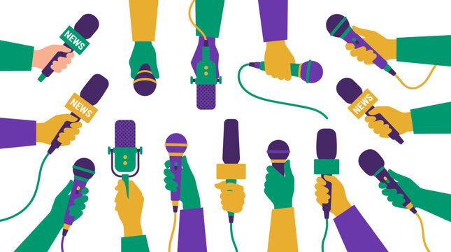 Hands of journalists holding many different microphones for a live press conference and news report, concept for media broadcasting, journalism interviews and public relations events