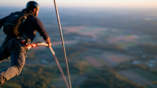 Faceless man bungee jumping from a hot air balloon basket high above the landscape, cord trailing below into open sky, defocused patchwork fields far below, aerial extreme sport