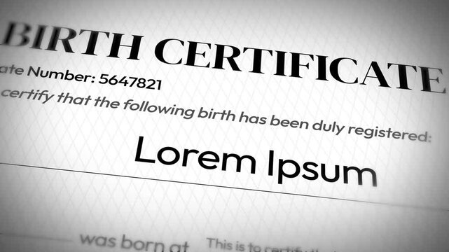 Official birth certificate with typography sample certified details and placeholder text, 4k animation