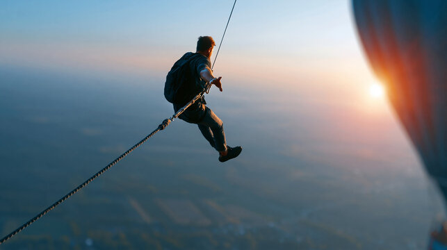 Faceless man bungee jumping from a hot air balloon basket high above the landscape, cord trailing below into open sky, defocused patchwork fields far below, aerial extreme sport
