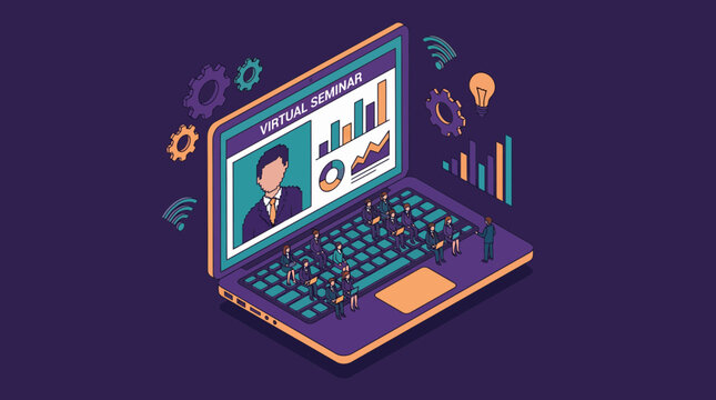 Isometric laptop displaying virtual seminar with presenter and data charts while people sit on keyboard keys, concept for online education, digital webinar and business conference session