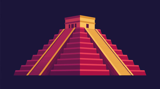 Flat vector illustration of an ancient Mayan pyramid temple with stone steps and golden highlights on dark background, concept for travel posters, history education and cultural branding
