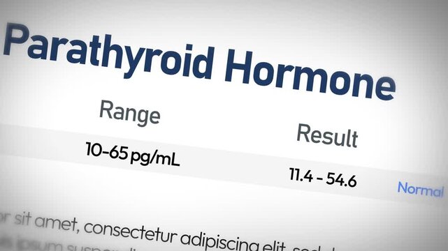 Parathyroid hormone test result chart displaying normal range and values for medical analysis in healthcare diagnostics, 4k animation
