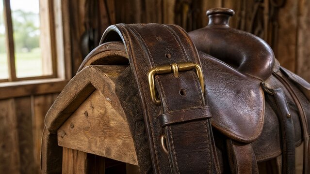Leather horse girth draped over a wooden saddle, brass buckle gleaming.