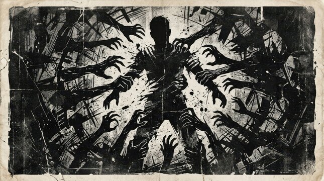 Silhouette of a man surrounded by grasping zombie hands in dark horror illustration.