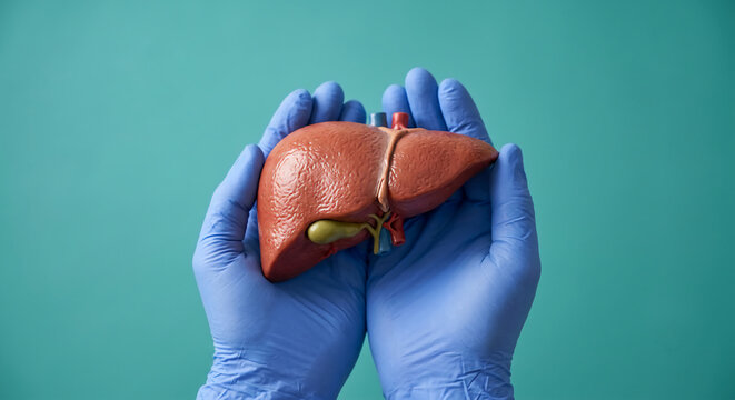 Gloved hands gently cradling an anatomical model of a human liver and gallbladder against a solid teal background.