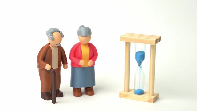 An elderly retired couple and a sandglass. Waiting times and queues for government services. Aging population faces delays while retirement policies, life expectancy access to social support systems