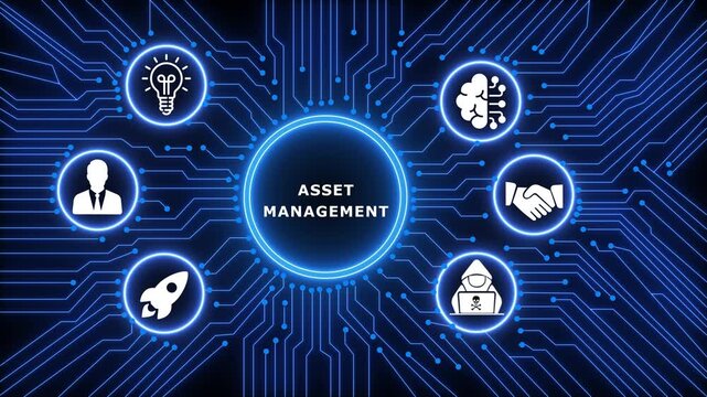 A glowing neon ASSET MANAGEMENT concept surrounded by smaller icons for ai and manufacturing process management all connected in a digital circuit like pattern.circuit lines and digital symbols. 4k