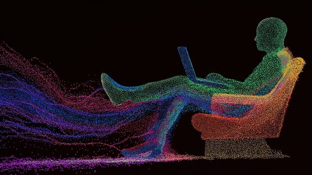 A colorful pointillist digital figure of a person sitting reclined on a chair while using a laptop, with pixelated trails flowing behind.